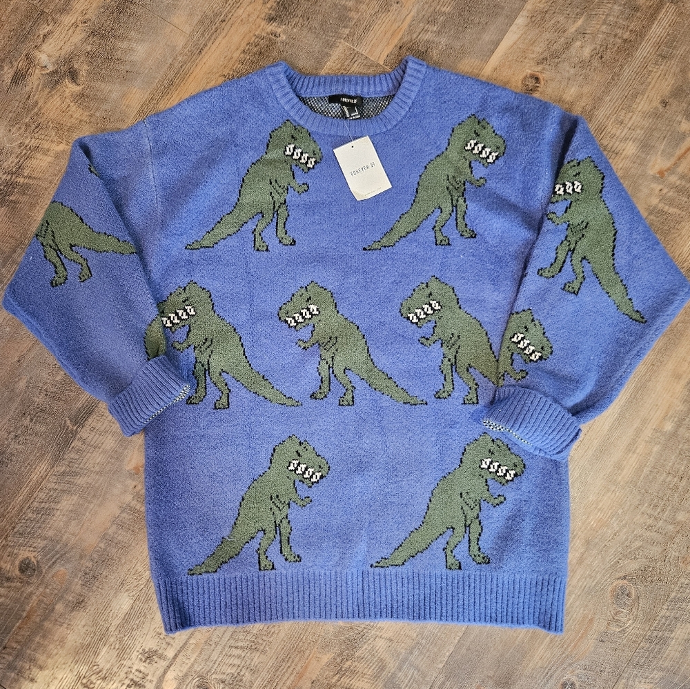 NWT Forever 21 Blue Dinosaur Sweater